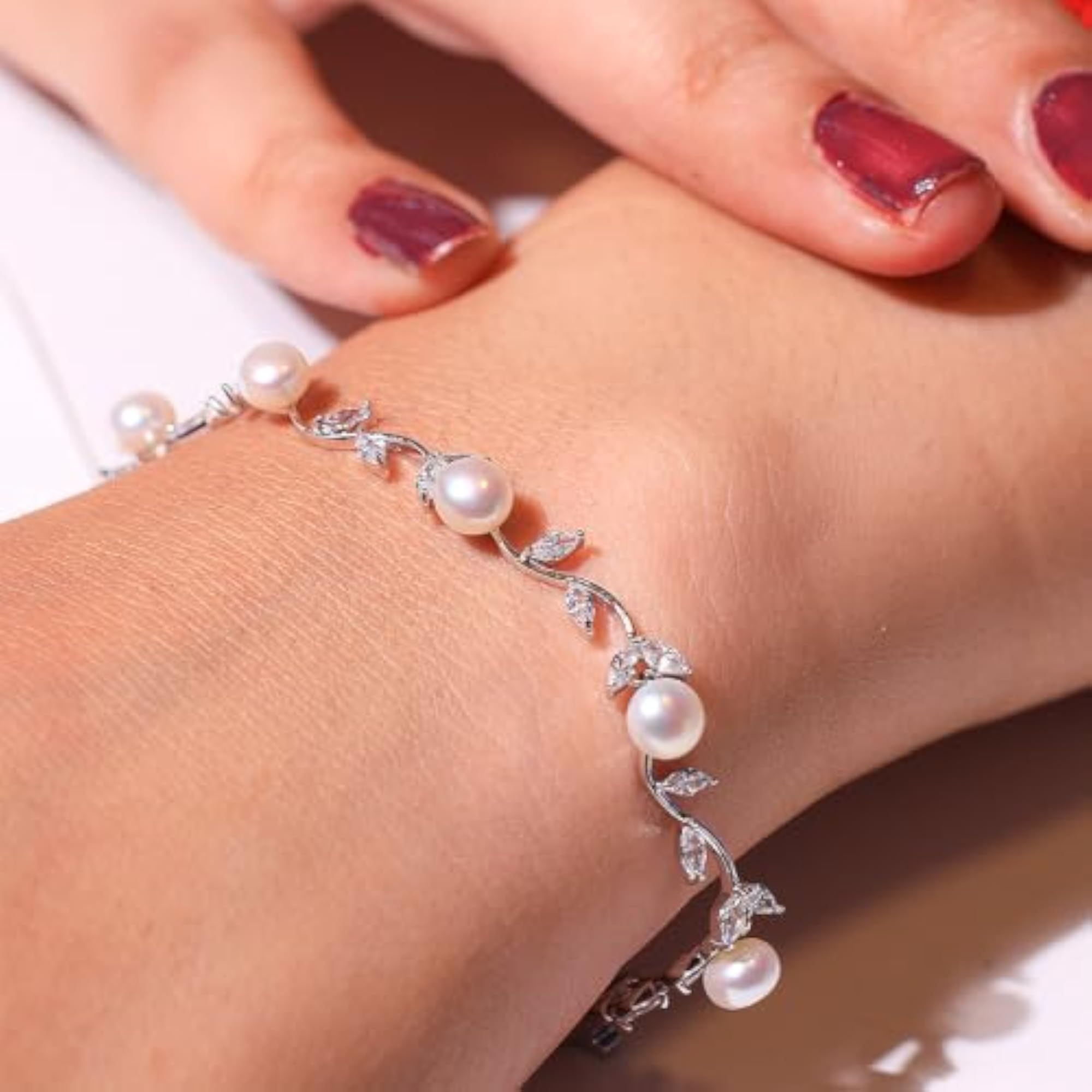 Women's 925 Sterling Silver Pearl & Crystal Leaf Vine Bracelet